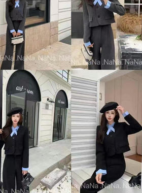 柔柔家西装款宽松拼接衬衫夹棉外套高腰显瘦直筒裤秋冬套装7869