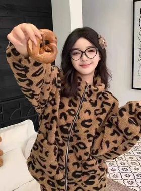 柔柔家时尚慵懒风豹纹印花睡衣女冬季2025半边绒套装居家服11056
