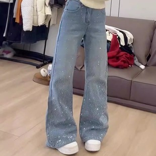 柔柔家烫钻高腰微喇牛仔裤女2026春季不贴腿显瘦喇叭裤7876