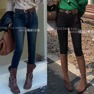 柔柔家牛仔裤女秋季植绒高腰显瘦小脚裤修身弹力九分铅笔裤D6930