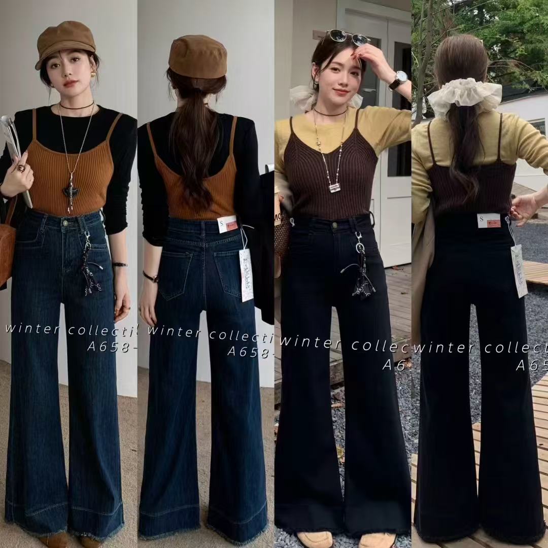 辣妹微喇阔腿牛仔裤女