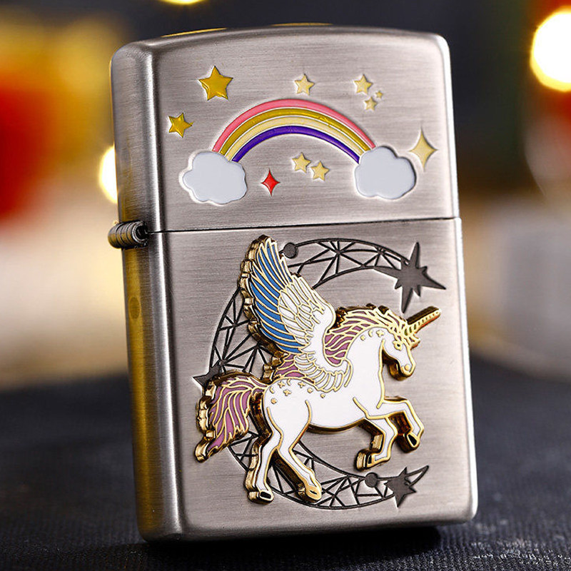 Zippo原装正品熏银拉丝创意贴章独角兽防风送礼