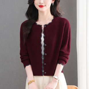 恒源祥圆领羊毛针织开衫女超短款2026春秋新款小个子外搭毛衣外套