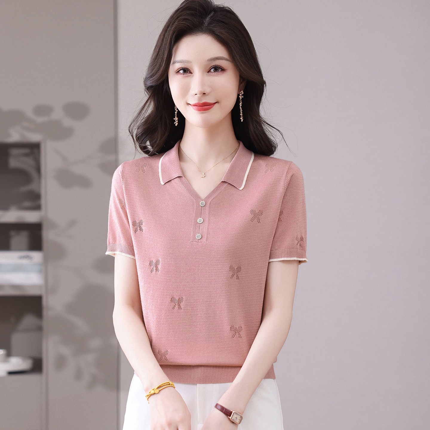 恒源祥妈妈装桑蚕丝短袖t恤女中年洋气翻领POLO衫夏季冰丝针织衫