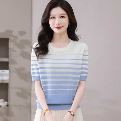 恒源祥桑蚕丝条纹短袖T恤妈妈装