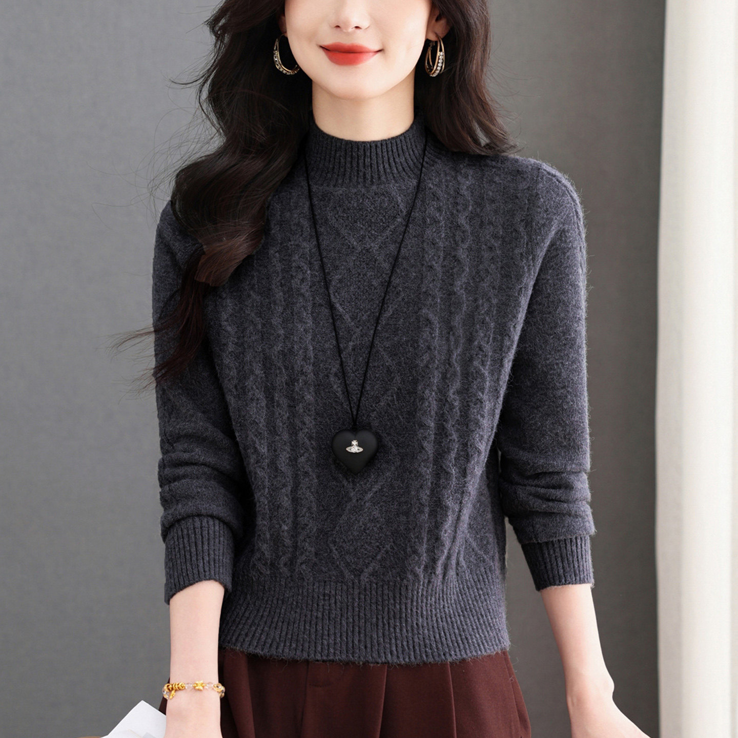 恒源祥半高领羊毛衫女2025新款秋冬麻花针织衫百搭短款内搭毛衣