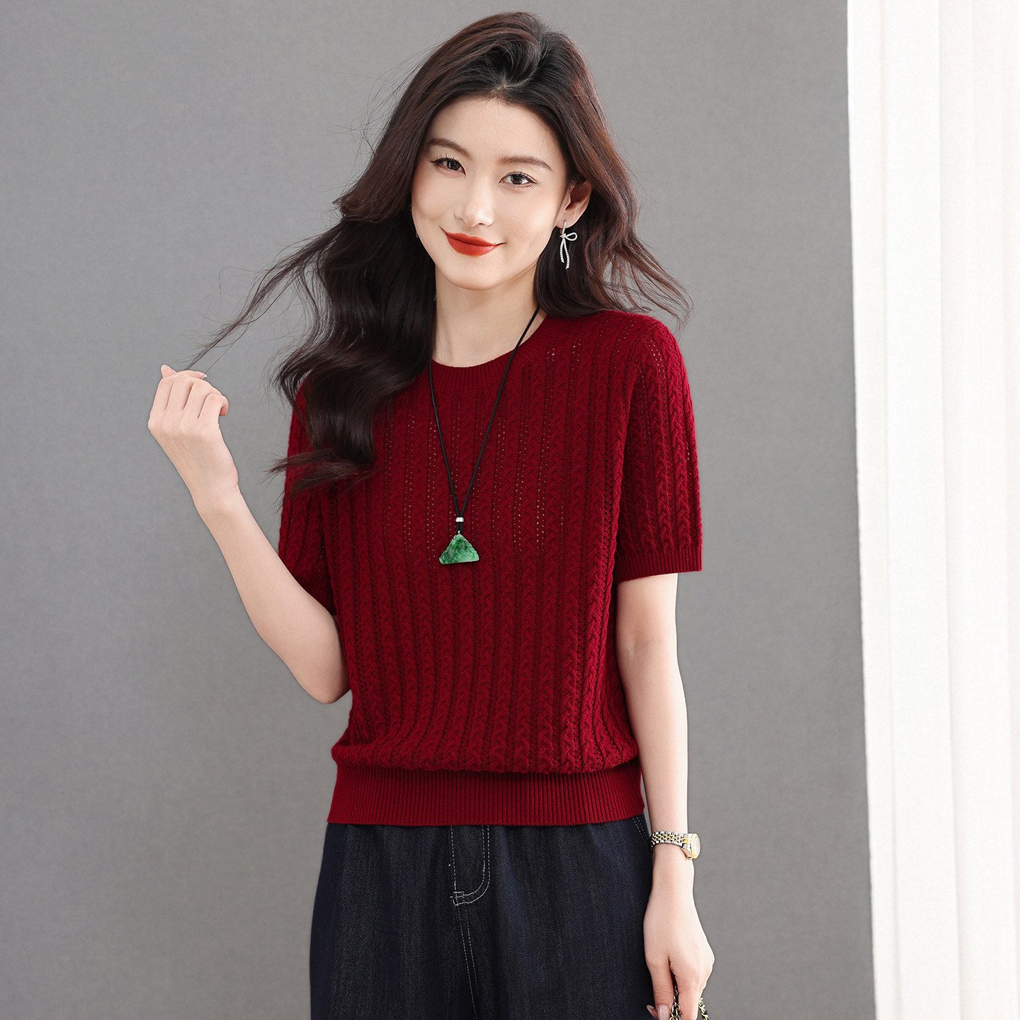 恒源祥镂空羊毛圆领针织衫女短袖t恤夏季新款洋气宽松半袖毛衣