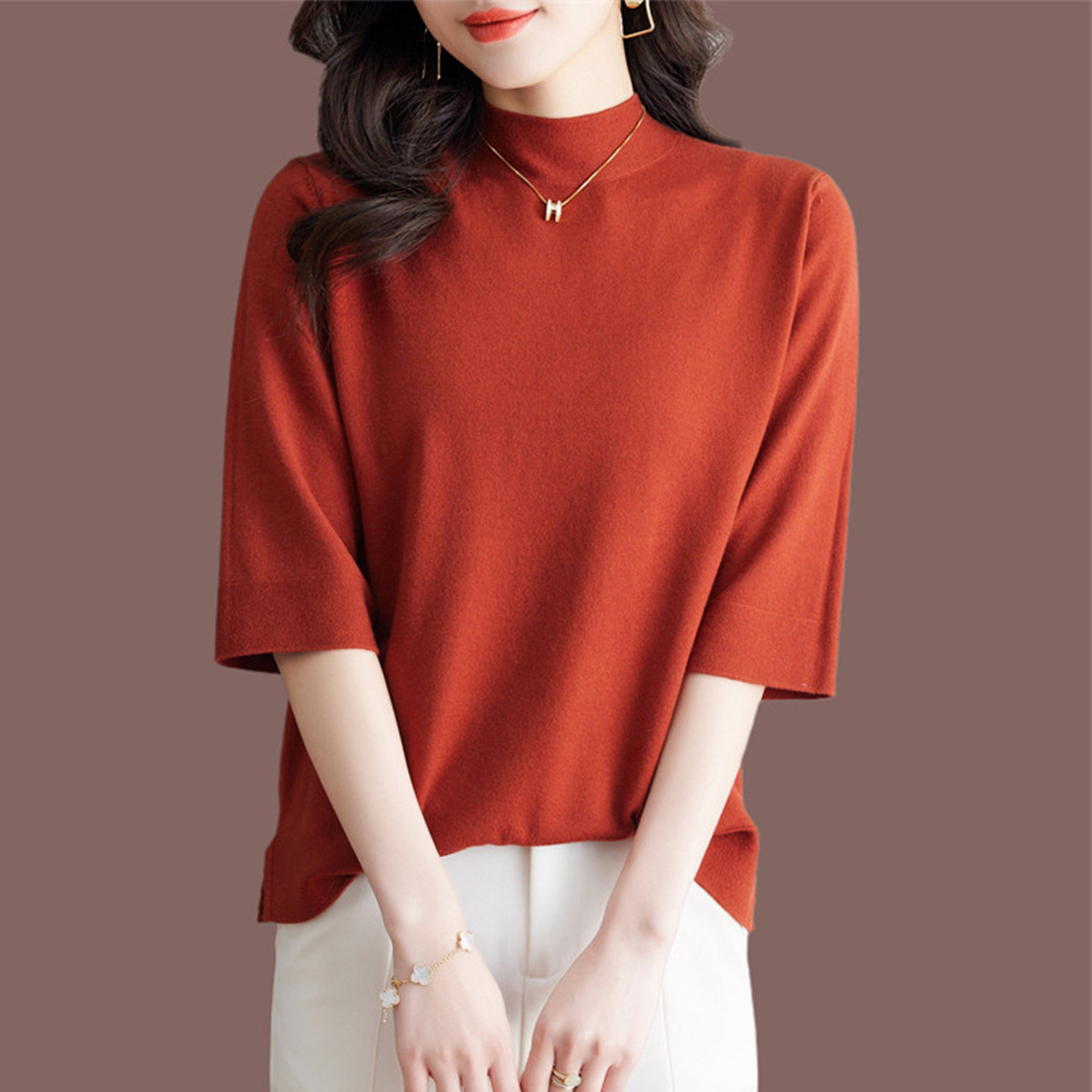 恒源祥半高领中袖t恤女2026新款中年妈妈春秋大码薄款针织打底衫