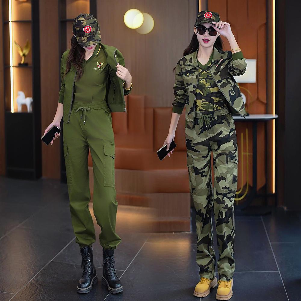 迷彩运动服套装女春秋2025新款韩版潮耐磨外套修身休闲户外两件套