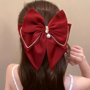新款酒红色缎面大蝴蝶结发夹复古新娘敬酒服头饰高级感女网红发饰