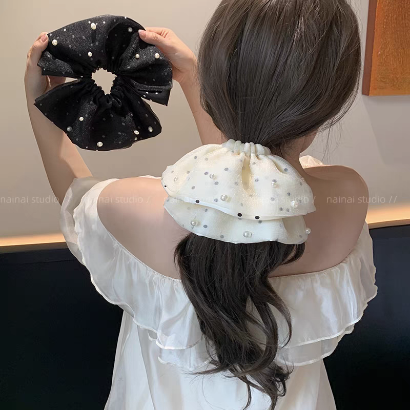 双面佩戴！泡泡纱截断波点大肠发圈~珍珠超大号低马尾丸子头发绳,饰品/流行首饰/时尚饰品新,发饰,淘宝优惠券,粉丝福利购,淘宝优惠卷