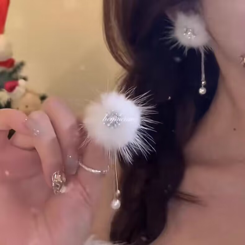 秋冬毛绒流苏珍珠耳环女2023新款