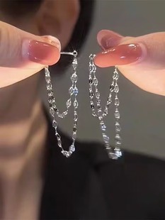925银针耳饰前后戴双层链条流苏耳钉精致大脸显瘦耳环女2023新款