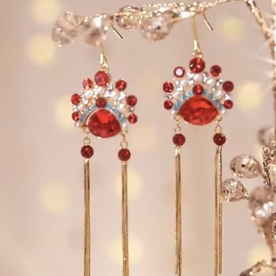 中国风京剧脸谱红色耳环女气质长款流苏耳坠耳钉适合过年的耳饰品