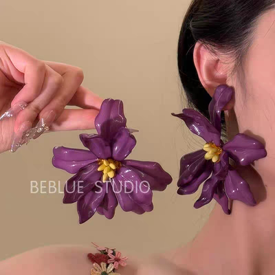 花露怡人~度假风夸张紫色花朵耳钉女小众设计感高级独特气质耳饰