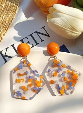 夏日透明感橙色碎花耳环小清新少女不规则耳夹无耳洞橘子汽水耳饰