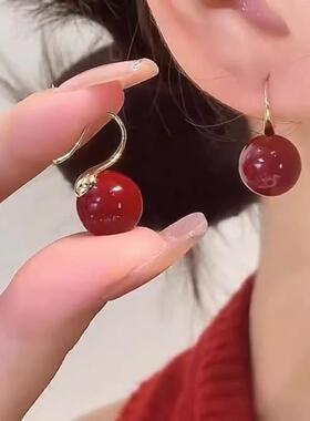 复古红色珍珠耳环2024新款