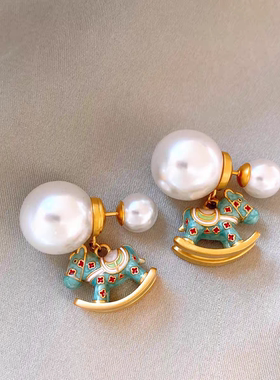 新中式国风蓝色珐琅吊坠木马前后大珍珠耳环2025新年本命年耳饰女