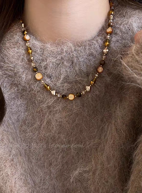 美拉德虎眼石项链女秋冬串珠焦糖色气质百搭毛衣链轻奢高级感颈链