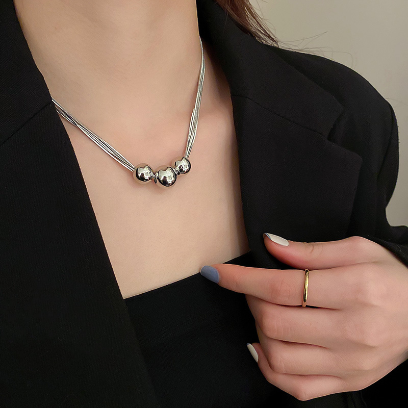 日韩钛钢银色金属圆球吊坠项链