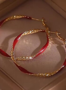 精致红色滴釉复古扭纹独特耳圈2024年新款S925纯银针小众耳饰耳环