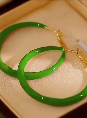 高端女士款绿色大耳圈港风设计个性方圆脸显圈圈耳饰耳环耳圈礼物
