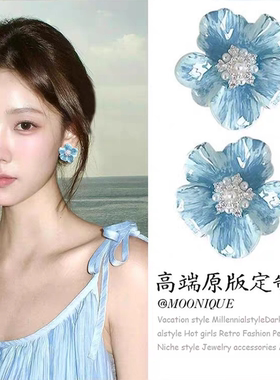 巨好看！蓝色滴釉花朵耳钉2025年新款爆款独特气质精致耳环耳饰女