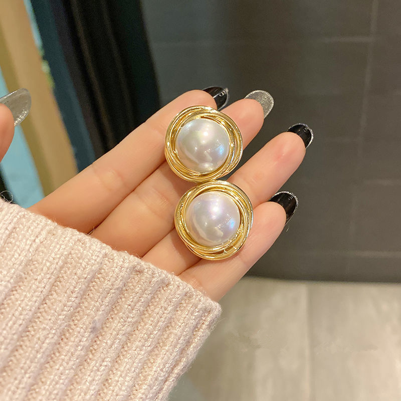 复古螺旋金属珍珠耳钉女港风气质耳环925银针简约百搭耳饰高级感