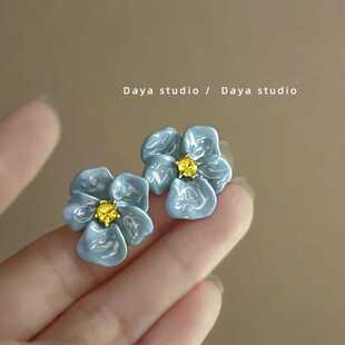 无尽盛夏~超仙法式复古滴釉花朵黄钻耳环 轻奢高级感小众气质度假