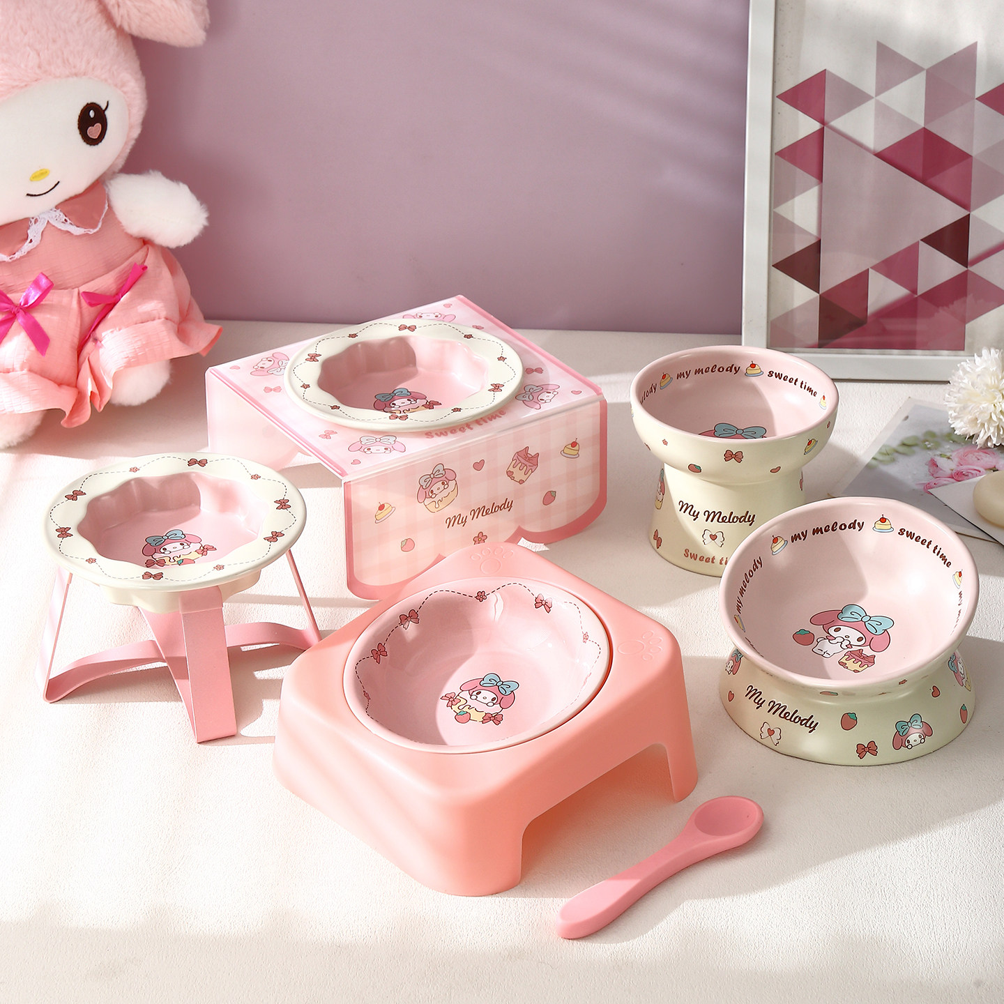 My Melody猫狗碗套装粉色卡通宠物高脚斜口碗护颈食碗粮水碗罐头,宠物/宠物食品及用品,猫狗碗/慢食碗,淘宝优惠券,粉丝福利购,淘宝优惠卷