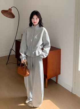 LY*韩系慵懒风灰色休闲运动女2025秋冬季新款减龄卫衣弯刀裤