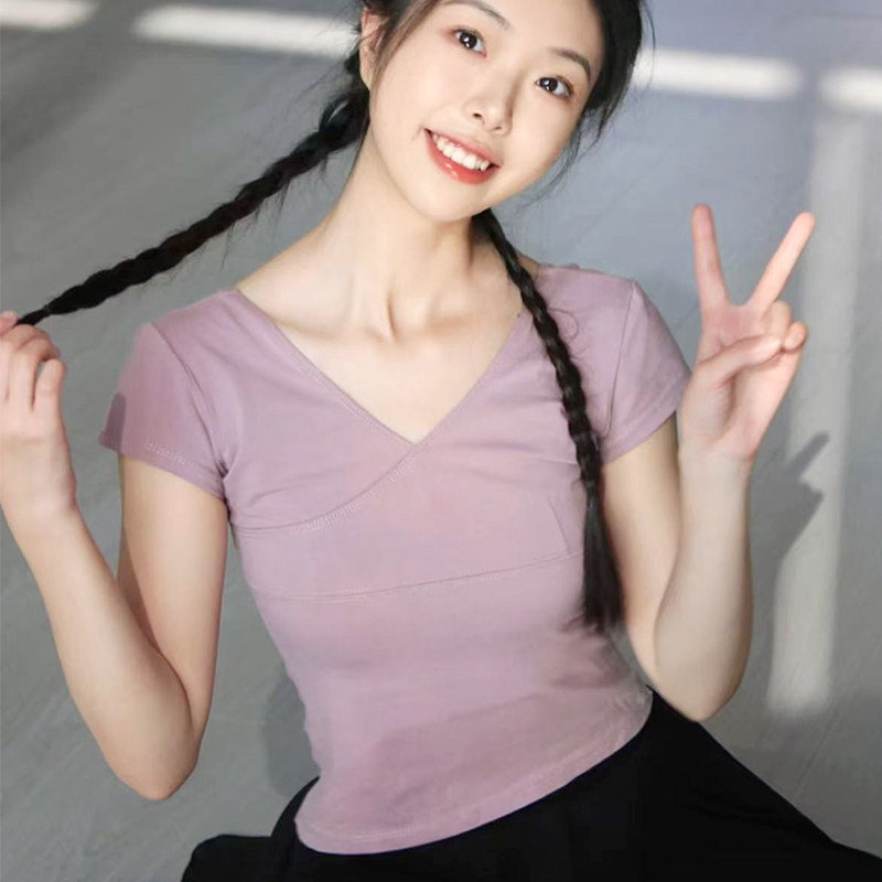 成人舞蹈服上衣女春夏新款长袖现代舞v领大学生中国舞练功服短袖