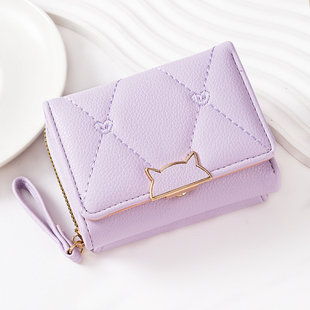 新款 钱包小香风简约绣花爱心PU三折包多卡位零钱包手拿包 女士短款