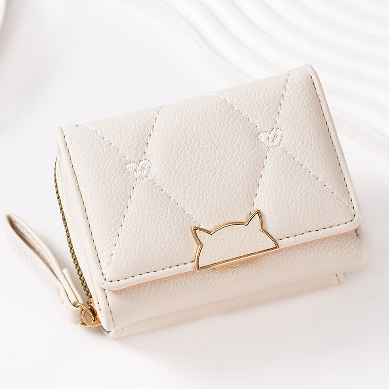 thumbnail for New Women's Short Wallet Small Fragrance Simple Embroidery Love PU Tri-Fold Bag Multi-Card Coin Purse Clutch