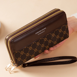 长款复古女士大容量钱包拼色大花双拉链手机包长款多卡位女包