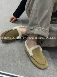 范金豆2026新款真皮女外穿软底冬季加绒保暖一脚蹬加棉豆豆鞋棉飘
