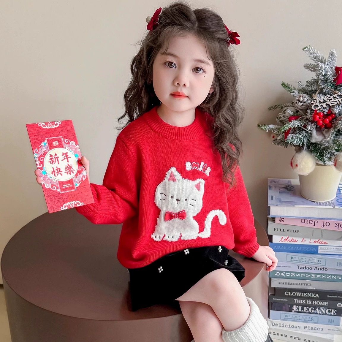 NASA潮牌女童大红色刺绣针织毛衣中小童宝宝猫咪图案新年喜庆毛衣