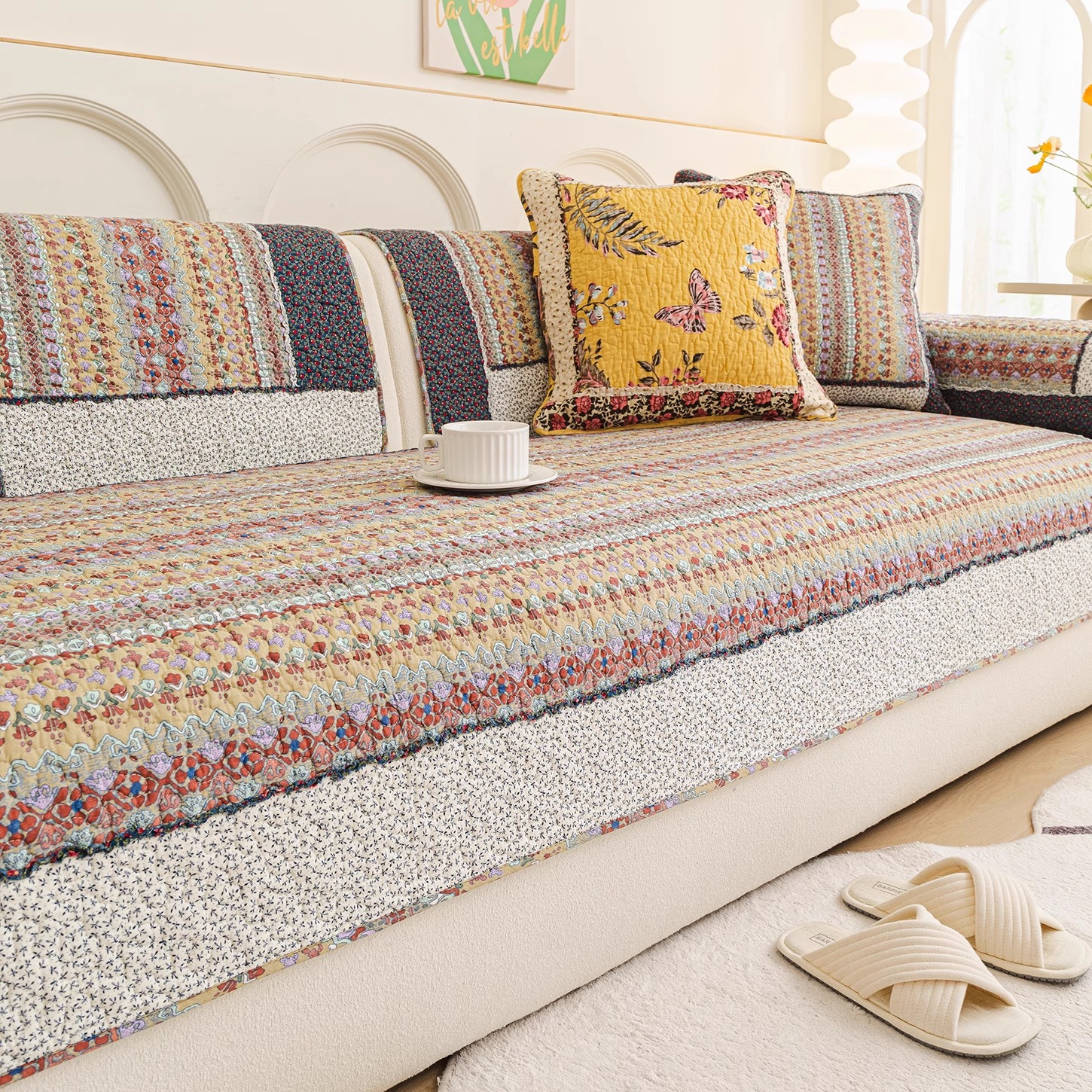 绗缝水洗全棉沙发垫四季通用布艺防滑皮沙发套罩韩式小清新坐垫子