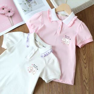 2025春夏季新款polo衫洋气中小童半袖t恤上衣女童短袖T恤撞色翻领
