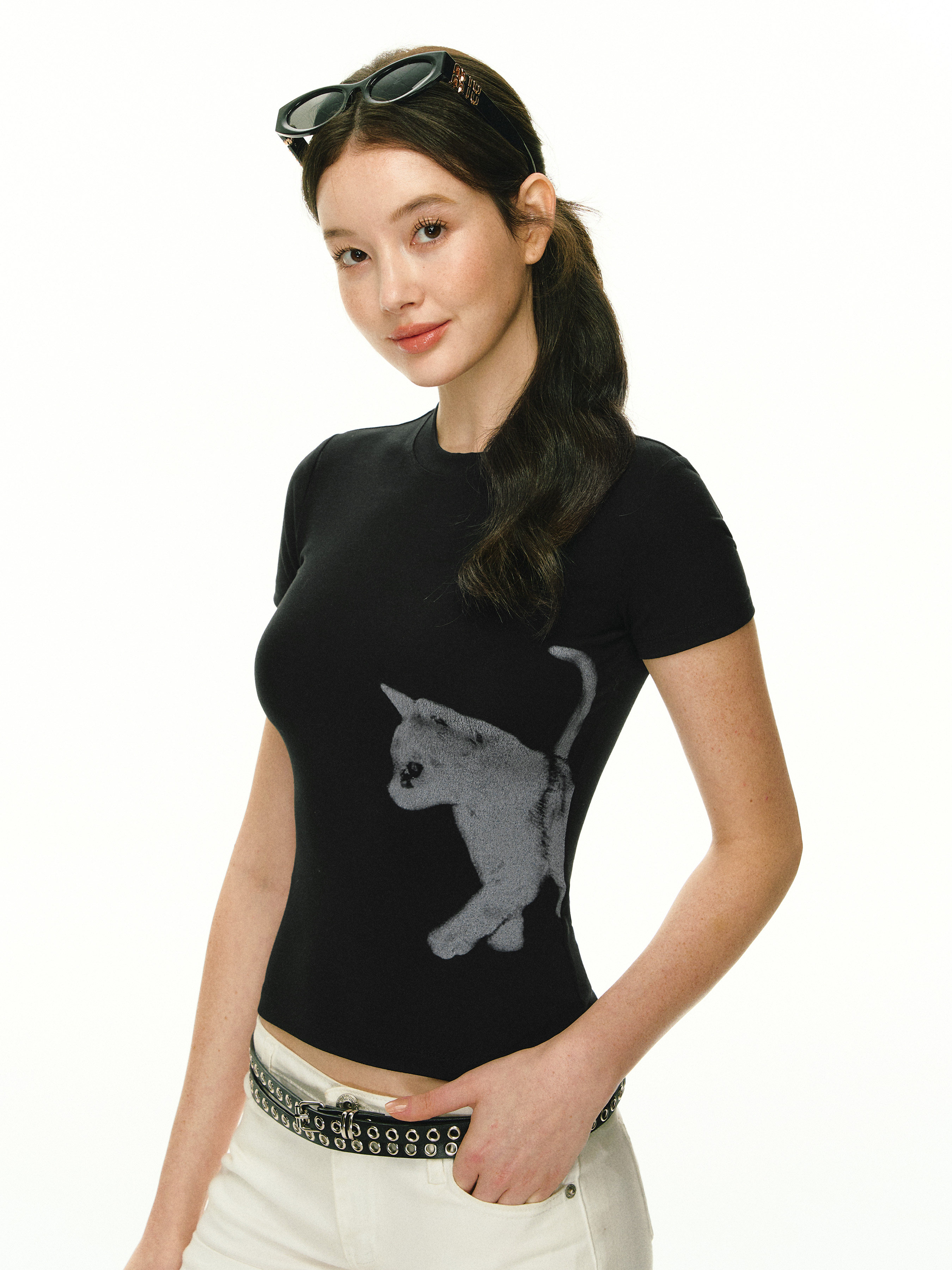 Ariseism アメリカンレトロキャットプローブプリントショートスリーブ T シャツレディースサマーニュースリムトップ