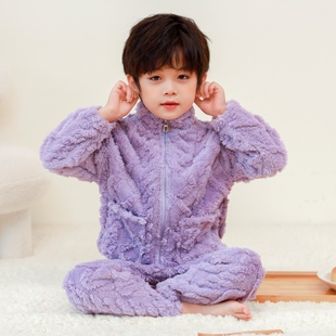 儿童睡衣法兰绒春秋冬季加厚款珊瑚绒加绒宝宝男童家居服女童小孩