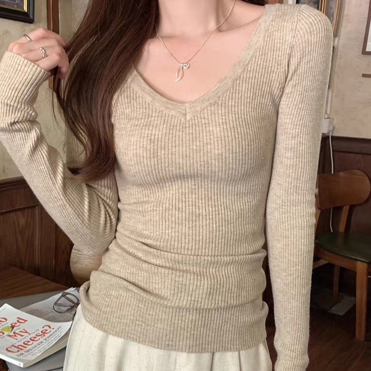 安婷露新款韩系针织长袖安迪绒v领毛衣打底衫女内搭气质显瘦上衣