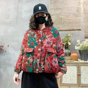 2025新款秋冬装短款棉袄大花棉衣网红款大口袋面包服直播间同款女