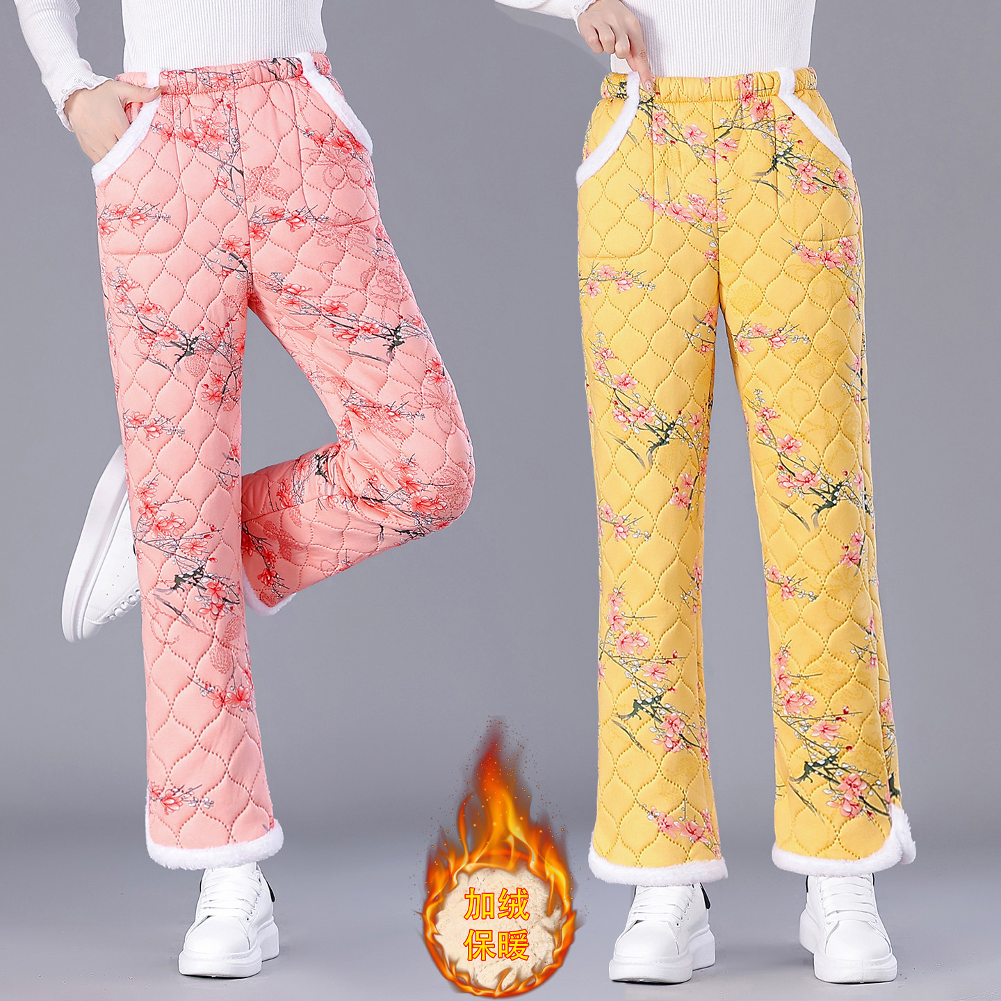 妈妈冬装新款加绒加厚中老年女松紧腰喇叭裤长裤印花复古盘扣棉裤,女装/女士精品,棉裤/羽绒裤,淘宝优惠券,粉丝福利购,淘宝优惠卷