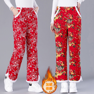 加绒加厚长裤 民族风东北大花棉裤 子保暖松紧腰喇叭裤 裤 中老年女装