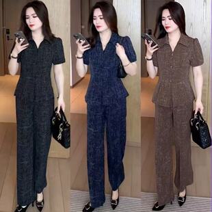 洋气中老年女装 时尚 套装 薄款 长裤 短袖 翻领衬衫 妈妈装 夏季 2025新款