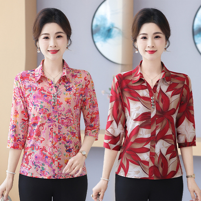 妈妈装夏季新款衬衫翻领上衣