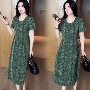 媽媽裝 長裙 中老年 夏裝 女裝 提花連衣裙寬松顯瘦休閑時尚 新款 短袖