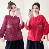 新款 妈妈装 中袖 民族风绣花T恤中老年女装 宽松民族风上衣 小衫 春装