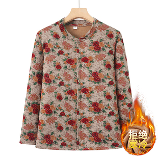 妈妈装玫瑰花印花开衫长袖保暖上衣中老年女装加绒秋衣奶奶装外套